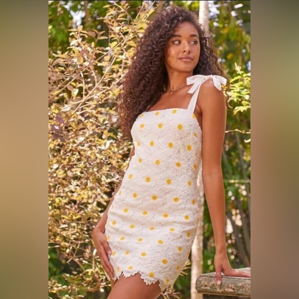 Altar'd State Cream Lace Mini Dress with Yellow Floral Pattern